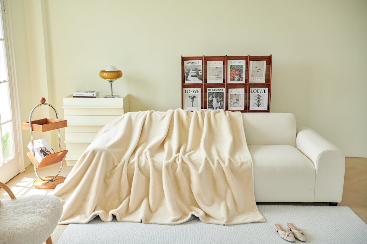 Living room styled with natural materials and light